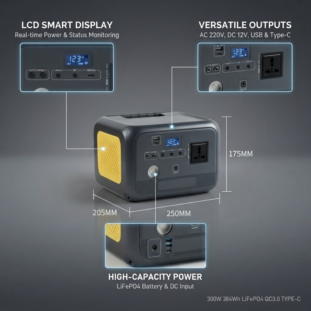 300W Portable Power Station 384Wh LiFePO4 Solar Generator with AC Outlet USB QC3.0 for Camping RV Emergency