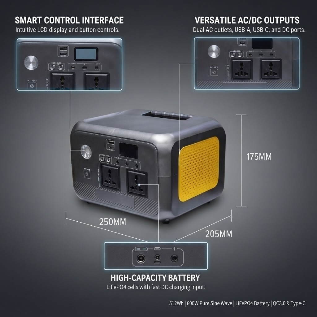 600W Portable Power Station 512Wh LiFePO4 Solar Generator with Dual AC Outlets, Wireless Charging & USB QC3.0 for Camping RV Emergency