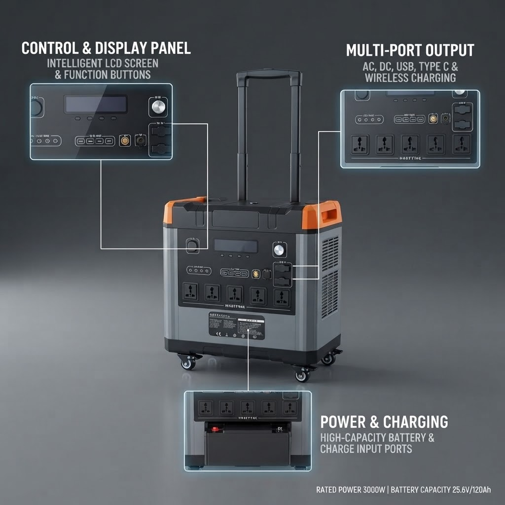 Large Capacity Trolley Portable Energy Storage Power Station 3000W Pure Sine Wave QC3.0 Type-C 15W Wireless Charging Off-Grid Power Source