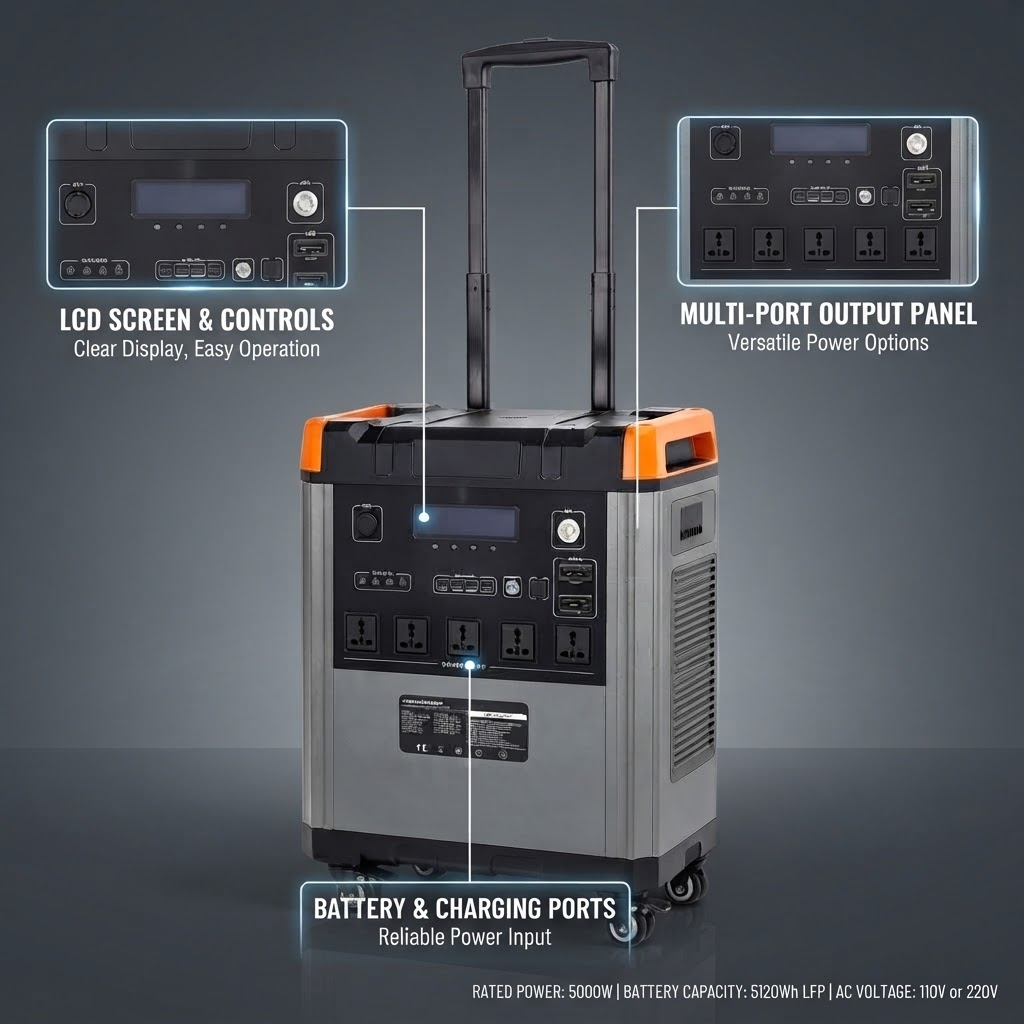 Large Capacity Wheeled Portable Energy Storage Power Station 5000W Pure Sine Wave QC3.0 Type-C 15W Wireless Charging For RV & Field Work